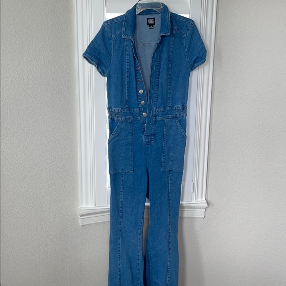 Long boot cut jeans jumpsuit
